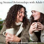 A portrait of a happy mother and daughter drinking coffee outdoor